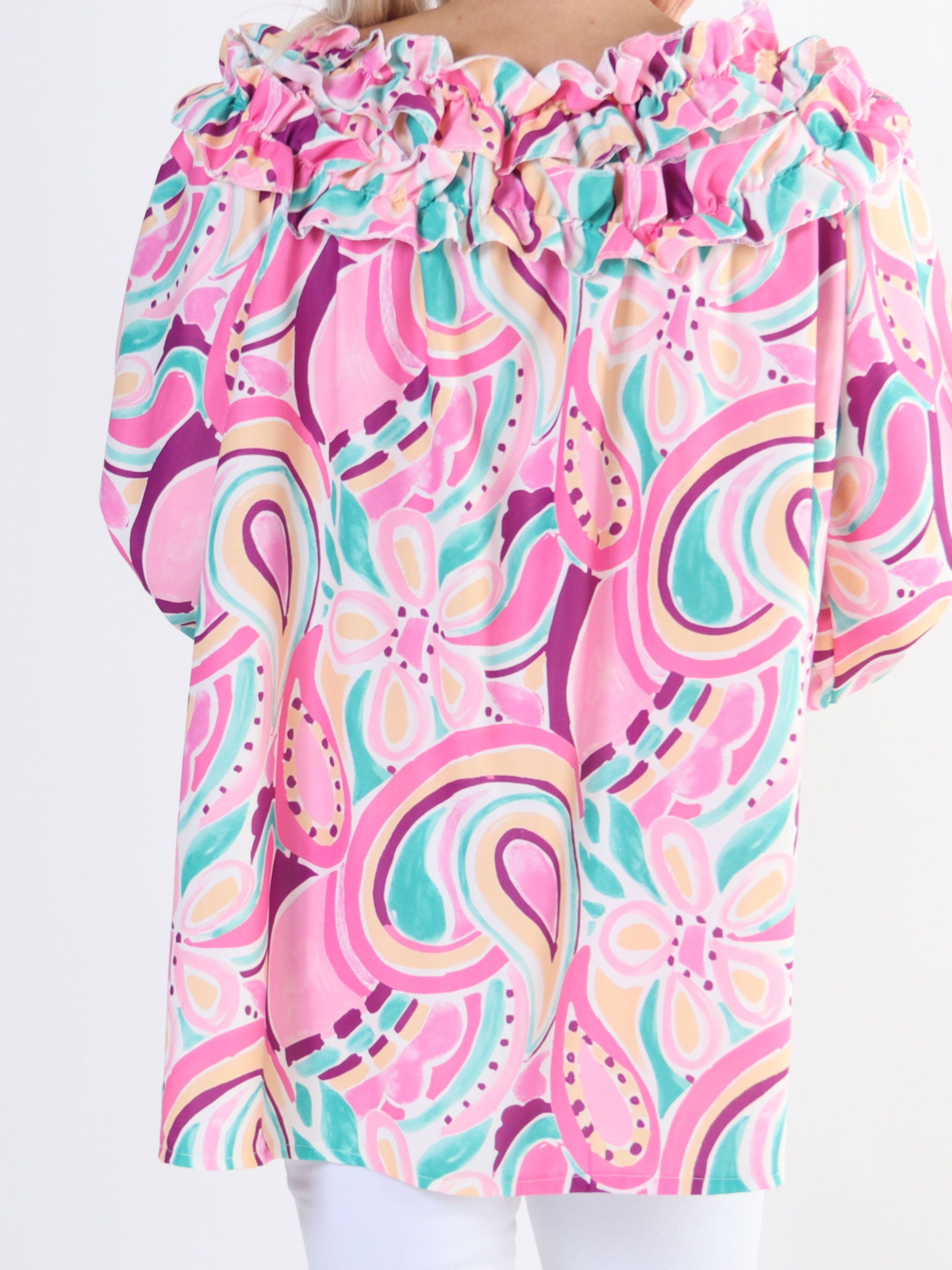 Chili Pattern - Långärmad mönstrad tunika med volanger för stora storlekar